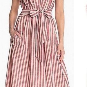 Max Studio red and cream striped cotton tie dress midi